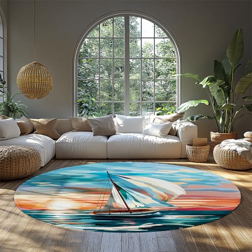 WEECHAINGE Segelboot Sonnenuntergang Runder Teppich für Schlafzimmer Küste Meerblick niedrig Flor Schmutzabweisender großer Kreis Bereich Teppich für Strand Kinder Zimmer Haus Dekor 240cm WEECHAINGE Segelboot Sonnenuntergang Runder Teppich für Schlafzimmer Küste Meerblick niedrig Flor Schmutzabweisender großer Kreis Bereich Teppich für Strand Kinder Zimmer Haus Dekor 240cm von WEECHAINGE