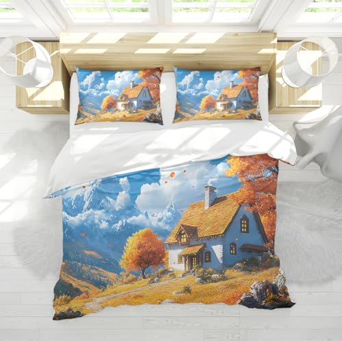 WEECHAINGE Skurriles Alpine Retreat Bettbezugsset Herbst Berghütte Gemütliche Hütte Orangenbäume Schneespitzen Mikrofaser Bettwäsche Set mit Reißverschluss 155x220 cm WEECHAINGE Skurriles Alpine Retreat Bettbezugsset Herbst Berghütte Gemütliche Hütte Orangenbäume Schneespitzen Mikrofaser Bettwäsche Set mit Reißverschluss 155x220 cm von WEECHAINGE