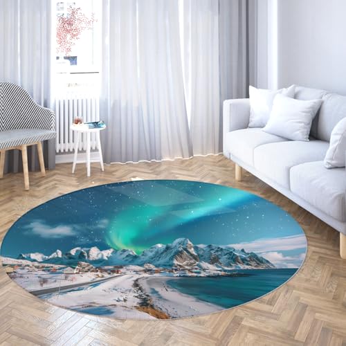 WEECHAINGE Smaragdgrün und eisblau Runde Kinder Schlafzimmer Teppich Nordlichter Schnee Fischerdorf Deep Ocean Blue rutschfeste neutrale Teppiche für Schlafzimmer 180cm von WEECHAINGE