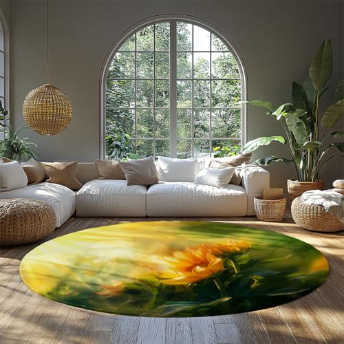 WEECHAINGE Sonnenblume Blumen Bauernhaus Boho Bereich Teppiche rutschfest maschinenwaschbar runder Teppich Warmer gelbgrüner Akzentteppich für Esszimmer Wohnzimmer Schlafzimmer Schlafraum 90cm von WEECHAINGE