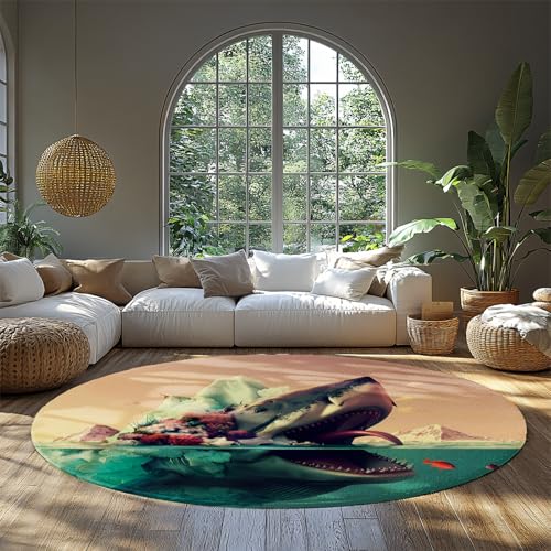 WEECHAINGE Surrealer Hai Runder Teppich Fantasy Ocean Island Print Low Pile Circle Carpet 3D Digital Art Faltbare rutschfeste Bodenmatte für Lounge 150cm WEECHAINGE Surrealer Hai Runder Teppich Fantasy Ocean Island Print Low Pile Circle Carpet 3D Digital Art Faltbare rutschfeste Bodenmatte für Lounge 150cm von WEECHAINGE