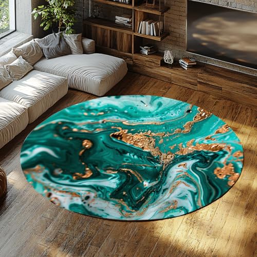 WEECHAINGE Teal Gold Marmor Runde Fläche Teppiche Plüsch Samt Touch Swirl Abstrakter Küchenteppich Einfache Reinigung Schmutzabweisender Eingangsteppich für Schlafzimmer Badezimmer Klassenzimmer 60cm von WEECHAINGE