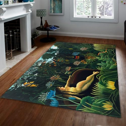 WEECHAINGE Tropical Landscape Area Teppich 140x200cm Rutschfester Rücken weicher Kurzflorteppich Henri Rousseau Klassischer Gemäldedruck waschbare Teppiche für Wohnzimmer Esszimmer Home Office von WEECHAINGE