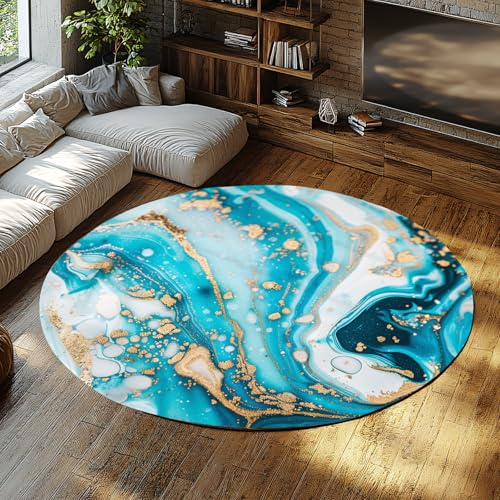 WEECHAINGE Türkisfarbener und marineblauer runder Teppich mit goldenem Marmorwirbel Küste Luxus abstraktes Design weicher maschinenwaschbarer Teppich für den Bodenakzent im Esszimmer 60cm von WEECHAINGE