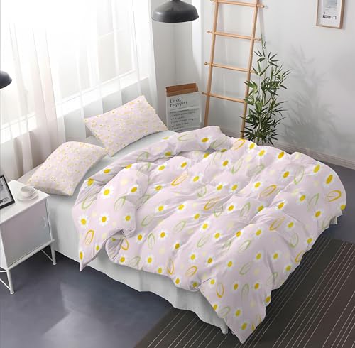 WEECHAINGE Verspielter Daisy Bettbezug Reversible Gelb zentriert Blumen Blassrosa Bettbezug Set mit Reißverschluss 3 Stück Botanische Mikrofaser 155x220 cm von WEECHAINGE