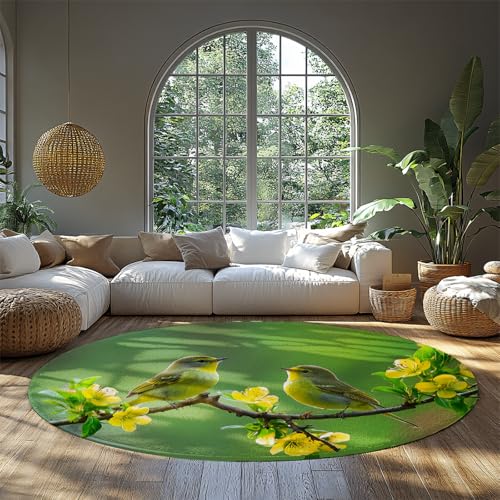 WEECHAINGE Vogel und Blume Runde Lounge Teppiche Grün Natur Print Teppich mit gelben Vögeln auf AST waschbar rutschfest weich für Schlafzimmer Kinderzimmer Schlafsaal 200cm von WEECHAINGE