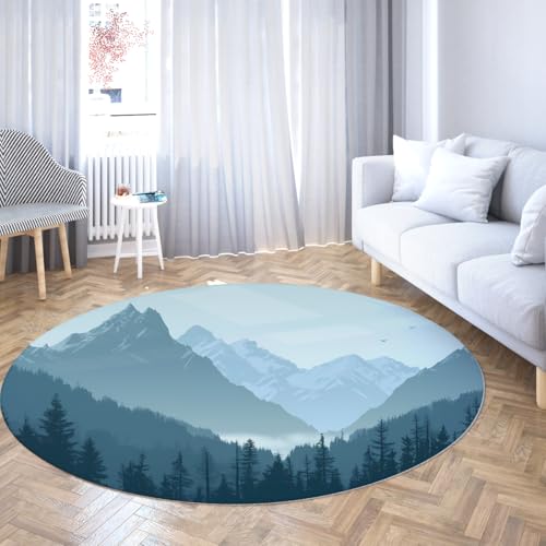 Waldnebel Landschaft Runde Fläche Teppiche Waschbarer Wohnzimmerteppich Vintage Boho Rutschfester/Nicht ablösender Druck Bodenteppich für Esszimmer Schlafzimmer Berg Blau Blaugrün Kiefern 100cm von WEECHAINGE