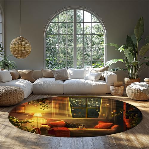 Warmes Fenster Nacht Illustration Weicher runder Teppich Waschbarer dünner Kreis Wohnteppich mit Rutschfester Rückseite für Schlafzimmer Spielzimmer Schlafsaal Niedrigflorige gemütliche 80cm von WEECHAINGE