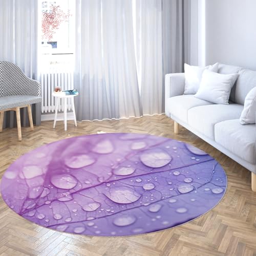 Waschbare runde Teppiche für das Wohnzimmer rutschfeste dünne lila Blattadermuster Wassertropfen Teppich für Home Office Kinderzimmer Nachttisch 150cm von WEECHAINGE