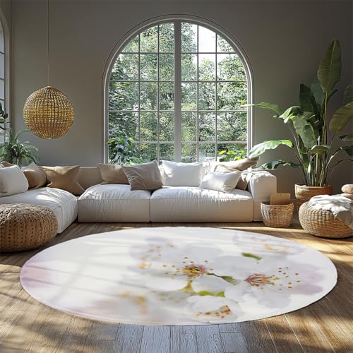 Waschbare runde extra große Teppiche Weiß Kirschblütendruck Rutschfester Lounge-Teppich Weicher niedriger Flor Pastell Kinderzimmer Kinderraum Baby Schlafzimmer Wohnzimmer Frühling 120cm von WEECHAINGE