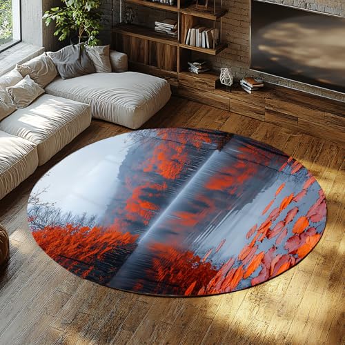 Weiche runde Teppiche für Schlafsaal Herbst See Roter Ahorn Reflexion auf nebligem blauem Innenteppich Wohnzimmer Schlafzimmer Kinderzimmer Waschbare Kreis Fußmatten Szene Dekor 135cm von WEECHAINGE