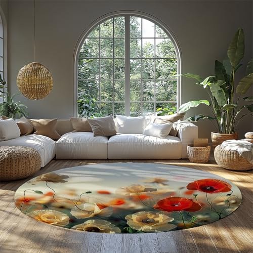 Wiese Blumen Rund Großflächenteppich Waschbar Neutral Gemütliche Hütte Bauernhaus Stil Herbst Badezimmer Teppiche Weich Dünn Innenboden Kein Rutsch Teppich für Schlafzimmer Unter Esstisch 120cm von WEECHAINGE
