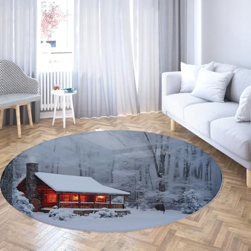 verschneite Hütte rustikale Lodge Kollektion Bereich Teppiche rund Winter Landschaft Distressed Design nicht haaren pflegeleichten Teppich für stark frequentierte Bereiche im Wohnzimmer Flur 90cm verschneite Hütte rustikale Lodge Kollektion Bereich Teppiche rund Winter Landschaft Distressed Design nicht haaren pflegeleichten Teppich für stark frequentierte Bereiche im Wohnzimmer Flur 90cm von WEECHAINGE