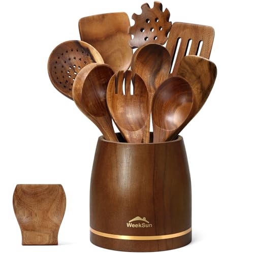 WEEKSUN 10-teiliges-Set Küchenset Holz Kochbesteck-Set mit Halter, Pfannenwender Kochlöffel Schöpfkelle Küchenhelfer aus natürlichem Teakholz für Kochutensilien, CJTZ-Wood-10Pcs WEEKSUN 10-teiliges-Set Küchenset Holz Kochbesteck-Set mit Halter, Pfannenwender Kochlöffel Schöpfkelle Küchenhelfer aus natürlichem Teakholz für Kochutensilien, CJTZ-Wood-10Pcs von WEEKSUN