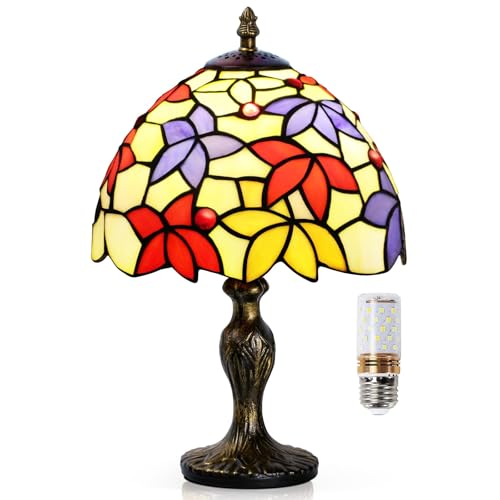 WEEKSUN Buntglaslampe Style Tischlampe, Vintage Tischlampe mit Glühbirne, Handcraft Glasmalerei Lampenschirm Tischlampen für Schlafzimmer Nachttischlampe Arbeitszimmer Office (Ahornblatt-Stil) von WEEKSUN