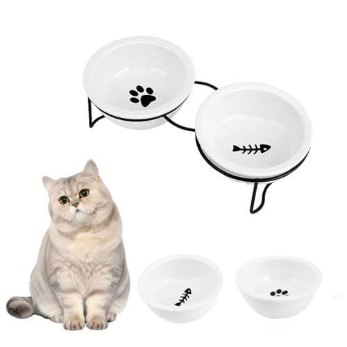 Futternapf Katze, mit Feeder Wasser & Futter in Ein-Doppelnapf, Keramikschale mit Metallständer, Trinknapf Fressnapf für Katze Kitty Welpe Hund Futternapf, Spülmaschinenfest von WEELOO