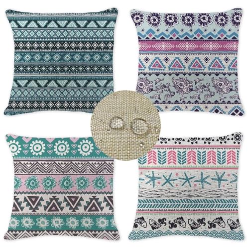 Gestreift Kissenbezug 55x55cm 4er Set Sofakissen Dekokissen Leinen Geometric HD Druck Wasserdichter Outdoor Kissen Kissenbezüge Boho Deko Kissenbezüge für Wohnzimmer Schlafzimmer Kissenhülle W-8863 von WEEPEF