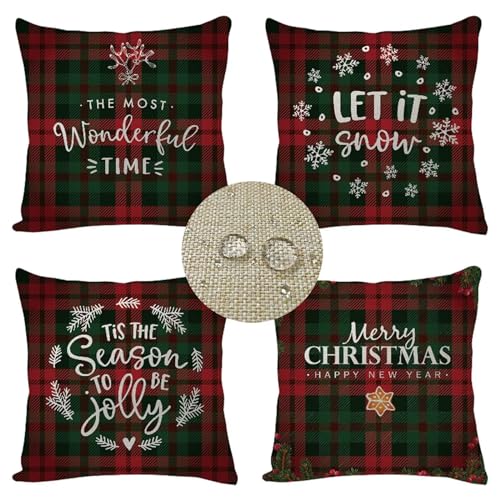 rot grün Kissenbezug 40x40cm 4er Set Sofakissen Dekokissen Leinen Christmas HD Druck Wasserdichter Outdoor Kissen Kissenbezüge Boho Deko Kissenbezüge für Wohnzimmer Schlafzimmer Kissenhülle W-7960 von WEEPEF