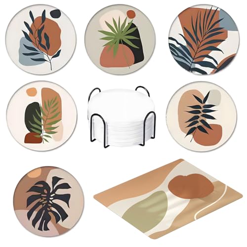 6 Stück Glasuntersetzer mit Halter + Abtropfmatte Geschirr | Weiße Keramik-Getränkeuntersetzer (Ø10,3cm) & Kieselgur-Abtropfmatte 30x40cm | rutschfest & Hitzebeständig für Küche/Party von WEESTAAMO