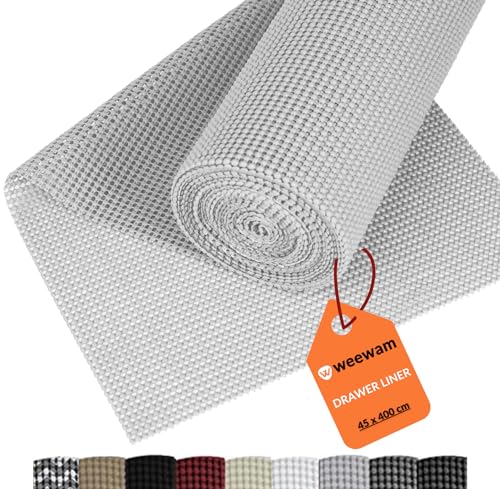 Weewam Schubladenmatte 45 x 400 cm| Antirutschmatte Schubladen, Eva-Material Zuschneidbar Schubladen Einlagen Nicht Klebende Matte, BPA- frei| Schutzmatte für Schubladen, Schränke, Regale| Hellgrau von WEEWAM