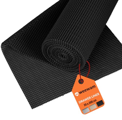 Weewam Schubladenmatte 50 x 300 cm| Antirutschmatte Schubladen, Eva-Material Zuschneidbar Schubladen Einlagen Nicht Klebende Matte, BPA- frei| Schutzmatte für Schubladen, Schränke, Regale| Schwarz von WEEWAM