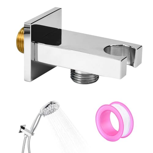WEFEHEF Wandanschlussbogen mit Brausehalter Chrom Messing Schlauchanschluss mit Wandbrausehalter Wandanschluss mit Duschkopfhalterung G 1/2 Zoll Universal Brauseanschlussbogen Handbrausehalter von WEFHEF