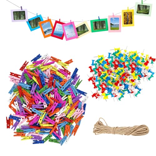 250 Stück 2.5CM Holzklammern,Bunt Klein Deko Holzklammern Fotoklammern mit 10M Jute String und 50 Farbige Reißzwecken, Mini Wäscheklammern, Kleine Klammern, Mini Holzklammern für Fotos Aufhängen von WEFINEST