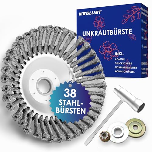 WEGLUST 38 Stahl-BÜRSTEN Unkrautbürste Unkrauttrimmer Wildkrautbürste Motorsense Freischneider Rundbürste für Motorsense - 200x25,4mm Drahtbürste mit Kegelform entfernt mühelos Unkraut und Moos von WEGLUST