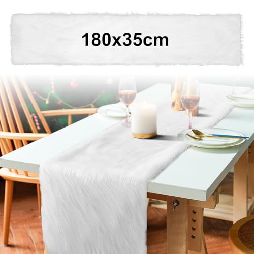 Kunstfell Modern Tischläufer Weihnachten: Weihnachtstischläufer Deko Fell Weiß Abwaschbar, Weihnachtsdeko Tischläufer für Weihnachten Hochzeit Home Esstisch Schminktisch Couchtisch (30x180cm) von WEGREAT