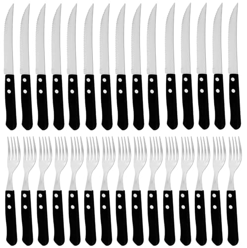 Steakbesteck Rostfreier Stahl Holz Set: WEGREAT 30 Stück Edelstahl Steakbesteck, Gabel und Messer Set 15 Tafelgabeln und 15 Tafelmesser für 15 Personen, Scharfer Wellenschliff Schwarz von WEGREAT