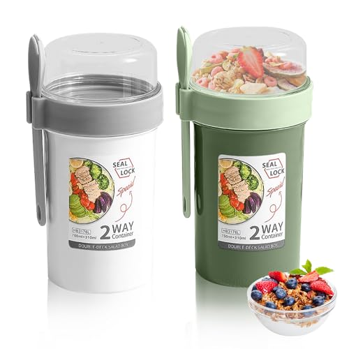 WEGREAT 2 Stück Müslibecher to go: 760ml+230ml Auslaufsicherer 2in1 Joghurtbecher to go mit Löffel und Dip-Box, Multifunktion müsli to go becher für Schule Freien Büro Reisen Mikrowellenofen von WEGREAT