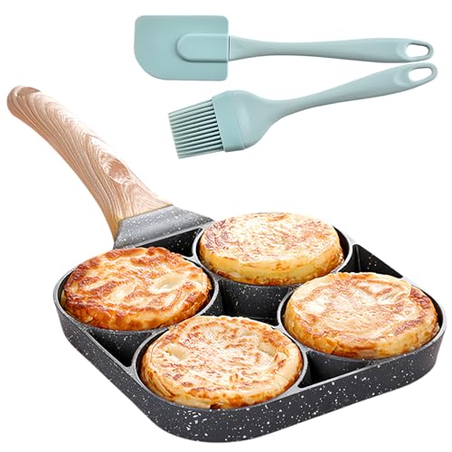 WEGREAT Spiegeleipfanne Pancake Pfanne:4 Loch Pfannkuchenpfanne mit Antihaft-Beschichtung, Eier Pfanne mit Silikonbürste für Frühstück Spiegelei Hamburger, für Induktionsherd & Gasherd von WEGREAT