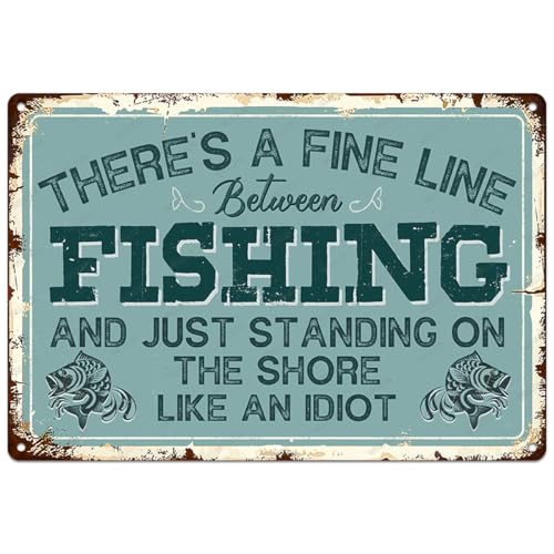 Lustiges Angelschild mit englischer Aufschrift "There's A Fine Line Between Fish", Vintage-Stil, Metall, Fischmalerei, Kunstdruck, Poster, Wanddekoration, 30,5 x 20,3 cm, Aluminiumschild zum Aufhängen Lustiges Angelschild mit englischer Aufschrift "There's A Fine Line Between Fish", Vintage-Stil, Metall, Fischmalerei, Kunstdruck, Poster, Wanddekoration, 30,5 x 20,3 cm, Aluminiumschild zum Aufhängen von WEGUZIX