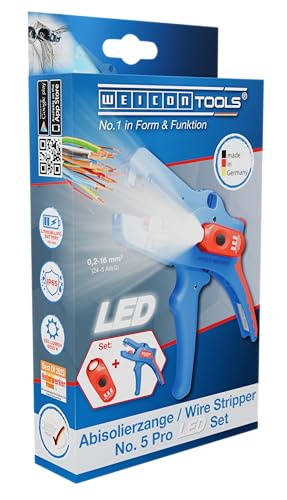 WEICON Abisolierzange No. 5 Pro LED-Set, präzises Abisolieren von 0,2-16 mm², LED mit 3 Helligkeitsstufen, für dunkle Arbeitsbereiche von WEICON-TOOLS