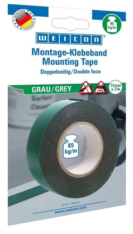 WEICON Klebeband Montage-Klebeband grau, doppelseitig 3 Meter x 19 mm Extrem starker Halt, für glatte Oberflächen, hohe Flexibilität WEICON Klebeband Montage-Klebeband grau, doppelseitig 3 Meter x 19 mm Extrem starker Halt, für glatte Oberflächen, hohe Flexibilität von WEICON