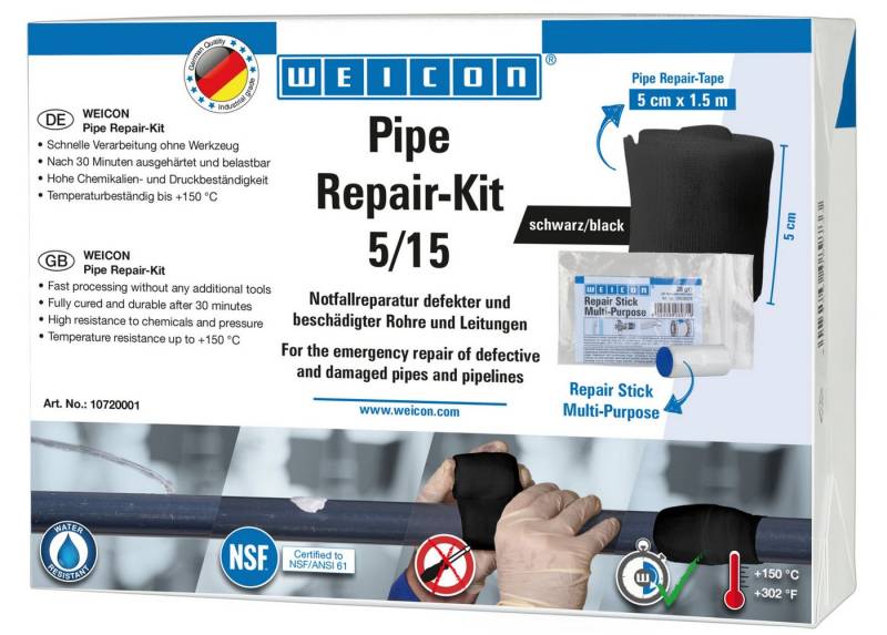 WEICON Reparatur-Set Pipe Repair-Kit, Notfall-Reparatur beschädigter Rohre und Leitungen, 3-tlg., Trinkwasserzulassung von WEICON