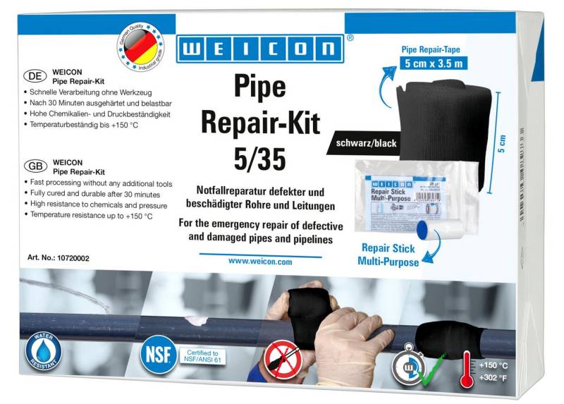 WEICON Reparatur-Set Pipe Repair-Kit, Notfall-Reparatur beschädigter Rohre und Leitungen, 3-tlg., Trinkwasserzulassung von WEICON