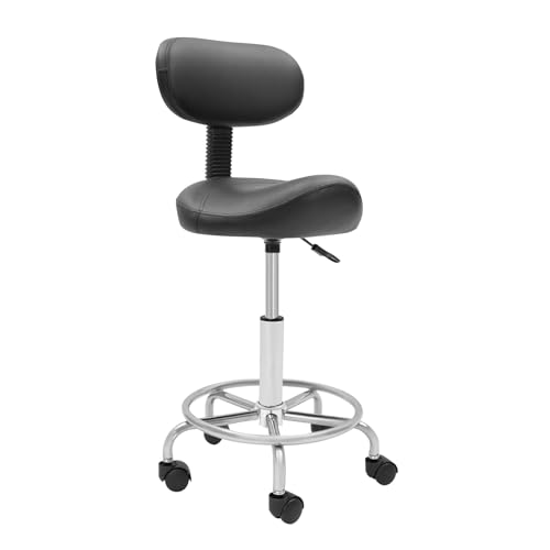 Sattelhocker Arbeitshocker Hebe-Sattel-Hocker Rollhocker - Höhenverstellbar mit Rollen & Rückenlehne 360 ° Drehung Sattelsitz bürostuhl - Ergonomischer Praxishocker Max Tragfähigkeit: 150 kg (Schwarz) von WEIGR