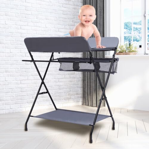 WEIGR Baby Wickeltisch Changing Table, Kinder Mobiler Wickeltisch klappbarer mit herausnehmbarer Trennwand, ausgestattet, Wickelauflage, Sicherheitsgurt (Mit Fußstütze) von WEIGR