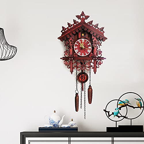 WEIGR Retro Kuckucksuhr - Traditionelle Kleine Hölzerne Kuckucksuhr, Dekorative Bauernuhr im Schwarzwälder Stil, Vintage Holz Vogel Wanduhr Geschenk in Rot 25x19x5.5cm von WEIGR