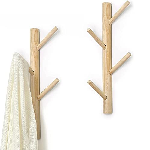 2 Pcs Garderobe, Holz Garderobenständer mit 4 Hacken, Flurgarderobe Wand Kleiderhaken (Wood Color) von WEII