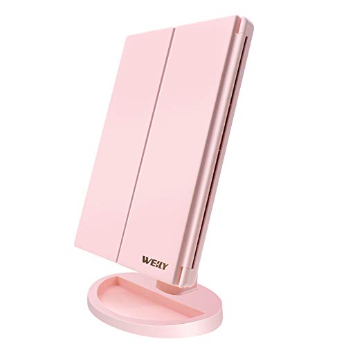 WEILY Schminkspiegel mit Beleuchtung, Faltbare Kosmetikspiegel mit 1X/2X/3X Vergrößerung, Schminkspiegel mit Touch Beleuchtung, Tischspiegel Unterstützung USB und Batterie (Rosa) von WEILY