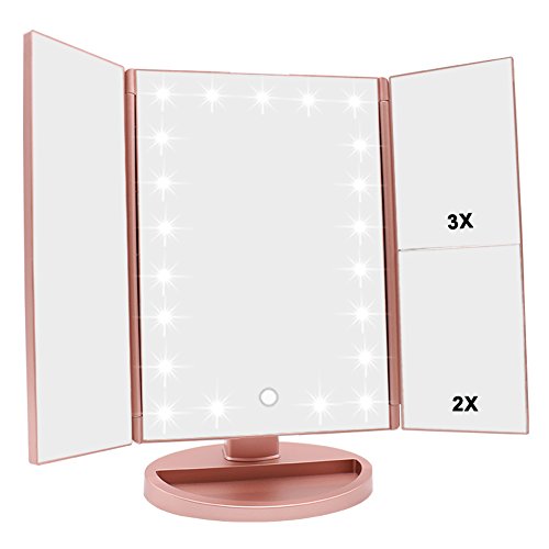 WEILY Schminkspiegel mit Beleuchtung, Faltbarer Kosmetikspiegel mit 3X/2X/1X Vergrößerung, 21 natürliche LED Lichter, Batteriebetrieben Order USB Aufladen dimmbarer Makeup Mirror (Rosengold) von WEILY