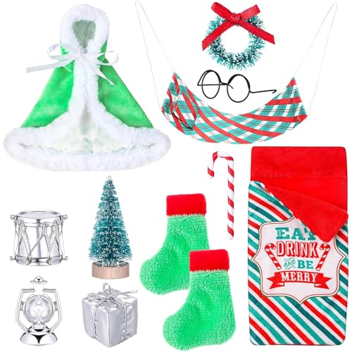 12 Stück Weihnachtself Zubehör, Weihnachtswichtel Zubehör Set mit Miniatur Weihnachtsbaum Brille Girlande Weihnachtsmantel Schlafsack Geschenkbox, Miniatur Wichtel Zubehör für Mini Haus Ornament von WEINIBAO