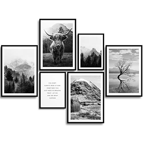 MONOKO® Wohnzimmer Poster Set - Premium Bilder Set für Schlafzimmer - Stilvolle Wandbilder - 6er Set ohne Rahmen (Schwarz-Weiss, Natur, Highland Cow, 4X A3 | 2X A4) von WEIPAI