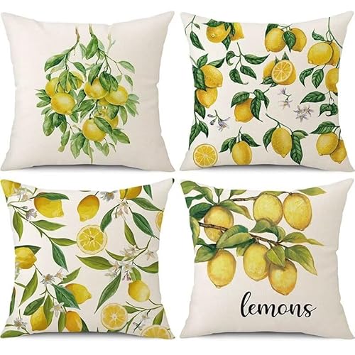 Outdoor Kissen Dekorative Wasserfest 4er Set Kissenbezug Frühling 45 x 45 cm Gartenkissen Wetterfest Gelbe Zitrone Kissenbezüge Werden für Heim Sofak Garten Wohnzimmer Quadratische Zierkissen i-1259 von WEISHIWE