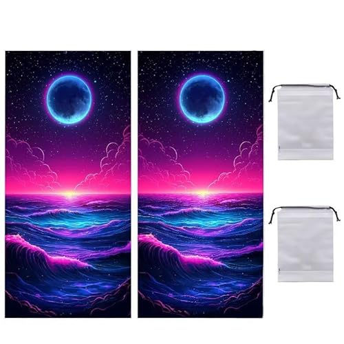 WEISHIWE Strandtuch Groß, 100 x 200 cm 2er Set Damen Herren Strandhandtuch Mond Ozean, Schnell Trocknendes, Weiches, Leichtes, Sandfreies Microfaser Handtücher für Reise Urlaub Schwimmen Camping q953 von WEISHIWE