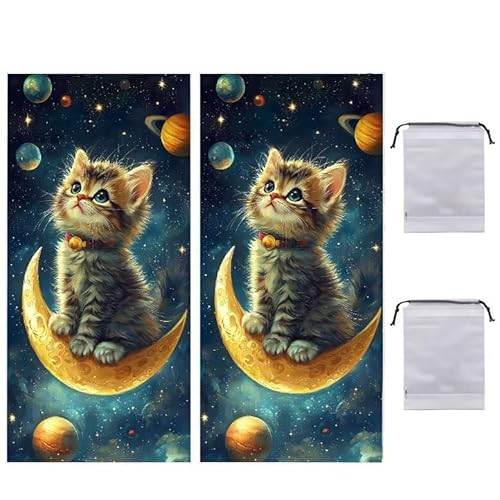 WEISHIWE Strandtuch Groß, 90 x 180 cm 2er Set Damen Herren Strandhandtuch Mond Katze, Schnell Trocknendes, Weiches, Leichtes, Sandfreies Microfaser Handtücher für Reise Urlaub Schwimmen Camping q-959 von WEISHIWE