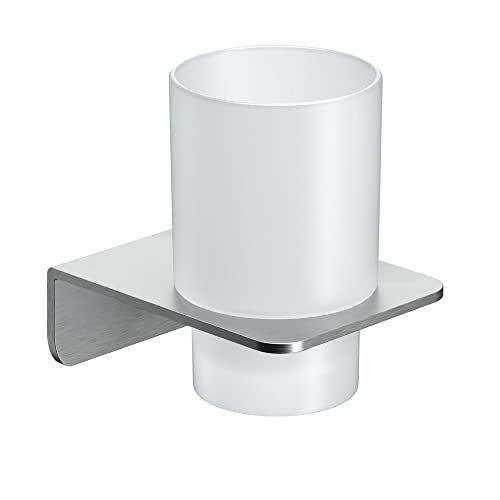 WEISSENSTEIN Zahnputzbecher ohne Bohren | Becher und Zahnputzbecherhalter zum Kleben an der Wand | Edelstahl Halterung und Glas weiß | in Silber von WEISSENSTEIN