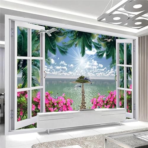 WEITAOSM 3D-Fenster, Kokosnussbaum, Meerblick, rote Blume, Steinweg, Wandbild, Wohnzimmer, Esszimmer, Arbeitszimmer, Kunstposter (selbstklebendes PVC) von WEITAOSM